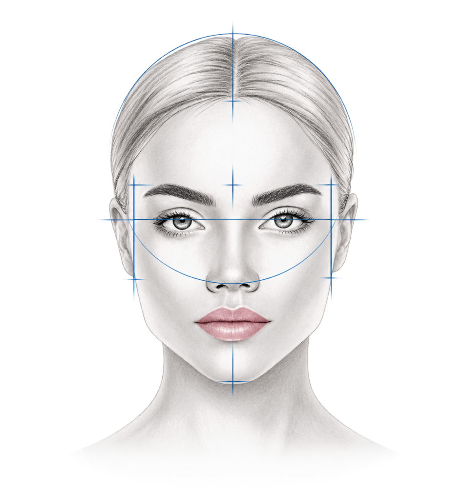 Pencil illustration with blue brow and eye mapping guides and softly pink lips.