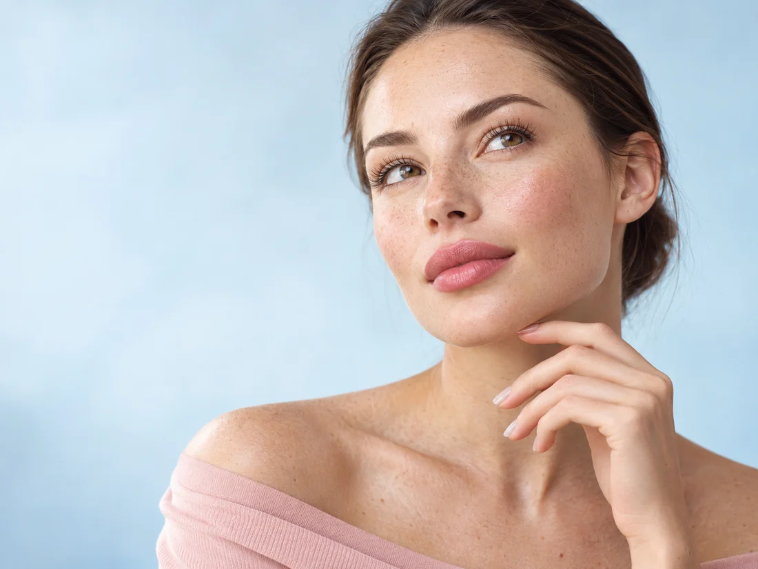 Editorial portrait with soft rosy lips